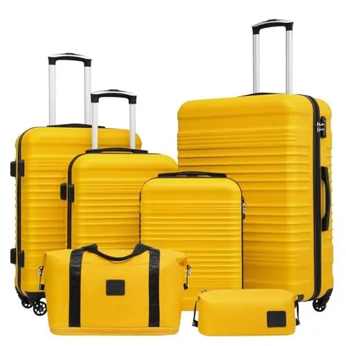Produktbild: COOLIFE Koffer-Set Trolley Koffer ABS Hartschale Reisekoffer 4 Rollen TSA-Schloss einziehbarer Trolley Der Koffer Enthält 1 Reisetasche und 1 Kulturbeutel (Gelb/Schwarz, Koffer-Set 6tlg)