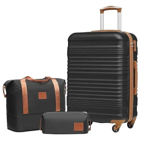 Produktbild: COOLIFE Koffer-Set Trolley Koffer ABS Hartschale Reisekoffer 4 Rollen TSA-Schloss einziehbarer Trolley Der Koffer Enthält 1 Reisetasche und 1 Kulturbeutel (Schwarz/Braun, Mittlerer Koffer-Set 3tlg)