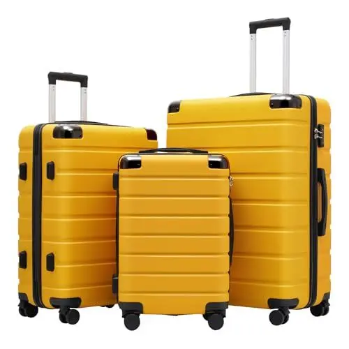 Produktbild: COOLIFE Koffer Trolley-Koffer Hartschalen-Koffer Rollkoffer Reisekoffer von ABS-Material mit TSA-Schloss Teleskopgriff und 4 Zwillingsrollen (Gelb/Schwarz, Koffer-Set)