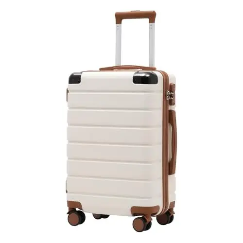 Produktbild: COOLIFE Koffer Trolley-Koffer Hartschalen-Koffer Rollkoffer Reisekoffer von ABS-Material mit TSA-Schloss Teleskopgriff und 4 Zwillingsrollen (Weiß/Braun, Handgepäck)