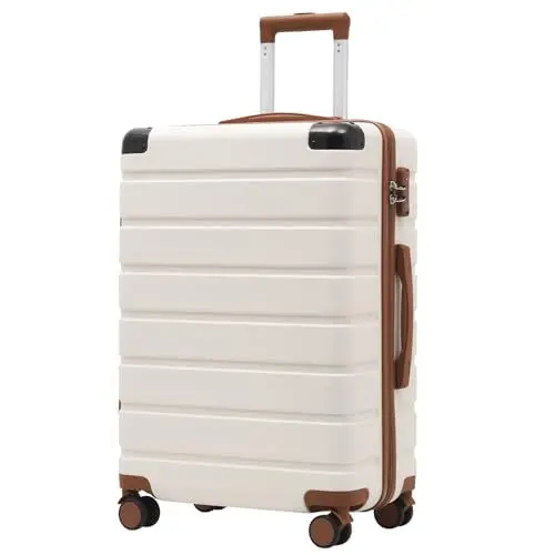 Produktbild: COOLIFE Koffer Trolley-Koffer Hartschalen-Koffer Rollkoffer Reisekoffer von ABS-Material mit TSA-Schloss Teleskopgriff und 4 Zwillingsrollen (Weiß/Braun, Mittelgroßer Koffer)