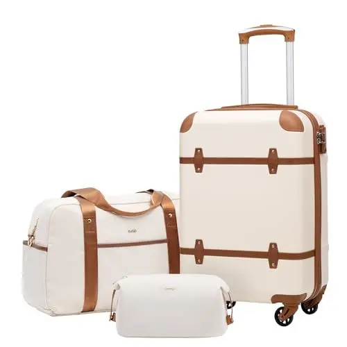 Produktbild: COOLIFE Koffer Trolley Koffer Reisekoffer ABS Hartschalen Trolley 4 Rollen TSA-Schloss Grosse Kapazität Der Koffer Enthält 1 Reisetasche und 1 Kulturbeutel (Weiß/Braun, Handgepäck-Set 3tlg)