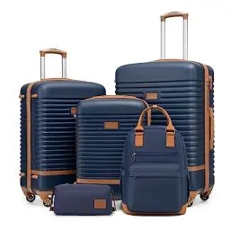 Produktbild: COOLIFE Koffer Trolley Koffer Reisekoffer von ABS Hartschalen Trolley 4 Rollen TSA-Schloss Der Koffer Enthält 1 Reiserucksack und 1 Kulturbeutel (Blau/Braun, Koffer-Set 5tlg)