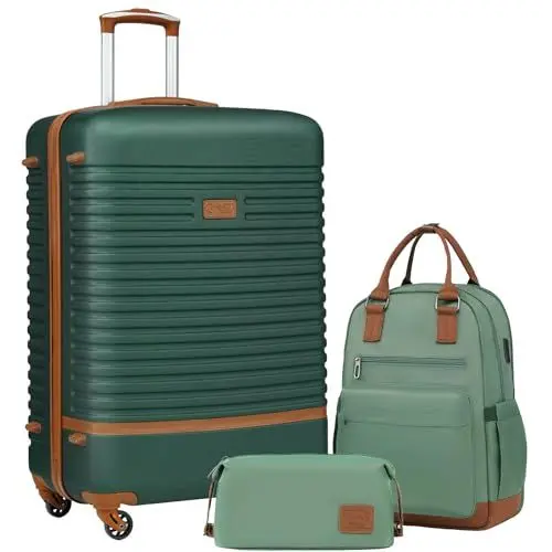 Produktbild: COOLIFE Koffer Trolley Koffer Reisekoffer von ABS Hartschalen Trolley 4 Rollen TSA-Schloss Der Koffer Enthält 1 Reiserucksack und 1 Kulturbeutel (Dunkelgrün/Braun, Mittlerer Koffer-Set 3tlg)