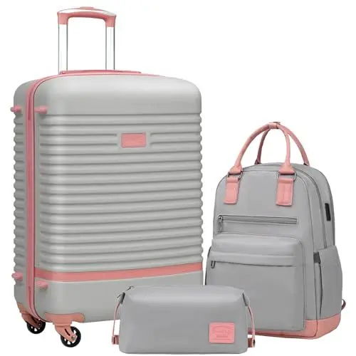 Produktbild: COOLIFE Koffer Trolley Koffer Reisekoffer von ABS Hartschalen Trolley 4 Rollen TSA-Schloss Der Koffer Enthält 1 Reiserucksack und 1 Kulturbeutel (Grau/Rosa, Mittlerer Koffer-Set 3tlg)