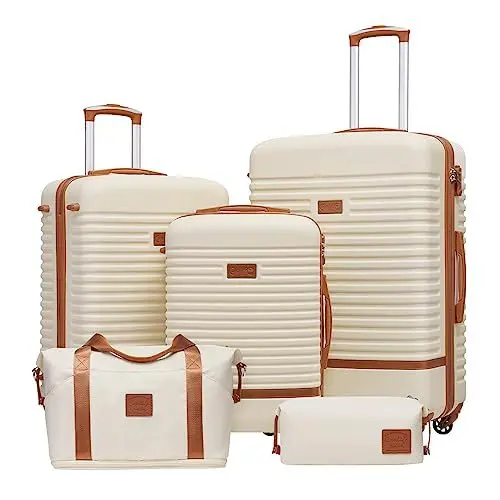 Produktbild: COOLIFE Koffer Trolley Koffer Reisekoffer von ABS Hartschalen Trolley 4 Rollen TSA-Schloss Der Koffer Enthält 1 Reisetasche und 1 Kulturbeutel (Weiß/Braun, Koffer-Set 5tlg)