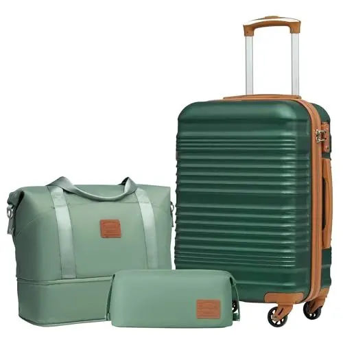 Produktbild: COOLIFE Koffer-Set Trolley Koffer ABS Hartschale Reisekoffer 4 Rollen TSA-Schloss einziehbarer Trolley Der Koffer Enthält 1 Reisetasche und 1 Kulturbeutel (Dunkelgrün/Braun, Handgepäck-Set 3tlg)