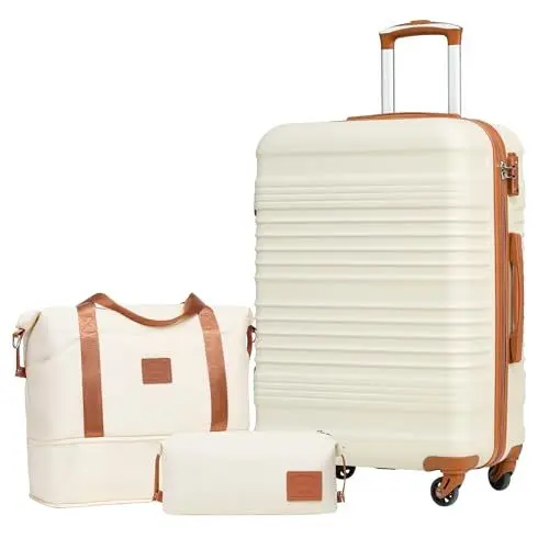Produktbild: COOLIFE Koffer-Set Trolley Koffer ABS Hartschale Reisekoffer 4 Rollen TSA-Schloss einziehbarer Trolley Der Koffer Enthält 1 Reisetasche und 1 Kulturbeutel (Weiß/Braun, Mittlerer Koffer-Set 3tlg)