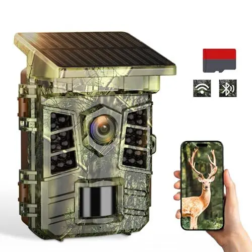 Produktbild: Coolifepro 60MP 4K Wildkamera mit Handyübertragung App, Solar WLAN Wildkamera, Wildtierkamera Eingebaute 2600mAh Akku, Erfassungsbereich 25 Meter, Erfassungswinkel 100°