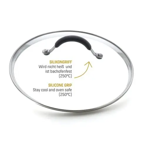 Produktbild: Coolinato Glasdeckel mit Griff aus Silikon 26cm komplett backofenfest, Universaldeckel für Töpfe, Pfannen, Deckel Glas rund, Ersatzdeckel