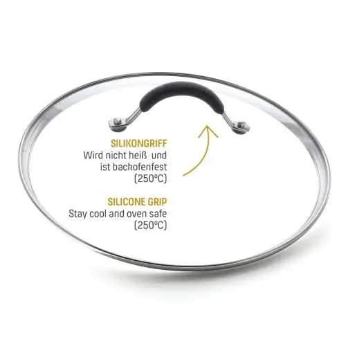 Produktbild: Coolinato Glasdeckel mit Griff aus Silikon 28cm komplett backofenfest, Universaldeckel für Töpfe, Pfannen, Deckel Glas rund, Ersatzdeckel