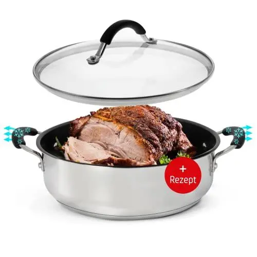Produktbild: Coolinato Schmorpfanne Edelstahl 28cm beschichtet Schmortopf inkl. Glasdeckel, Bräter für Gas Ceran Elektro Induktion und Backofen, spülmaschinengeeignet Silber
