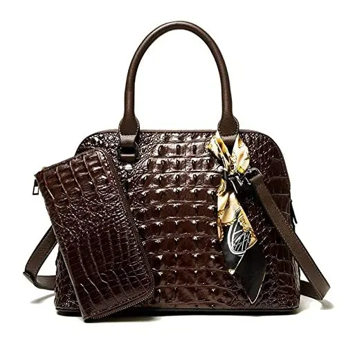 Produktbild: Coolives Damen Handtaschen-Set Damentasche aus PU-Leder mit Krokodilledermuster Henkeltasche Handtasche Tasche Umhängetasche Schultertasche Damenhandtasche Taschen für Frauen Mutter Braun coffee