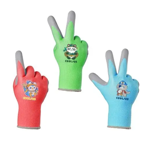 Produktbild: COOLJOB Kinderhandschuhe, 3 Paar Gartenhandschuhe für Kinder, rutschfeste Latexbeschichtung, Kinder-Arbeitshandschuhe 4-6 jahre (Jungen Größe S)