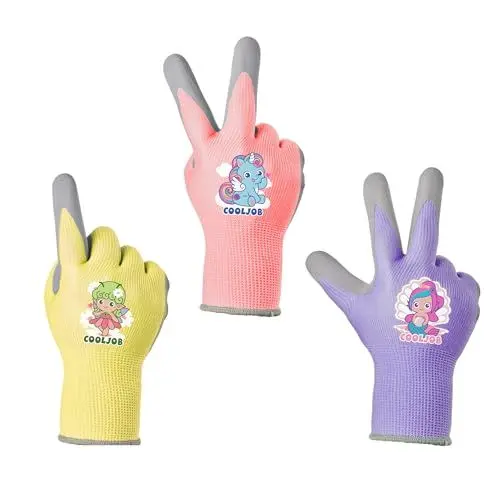 Produktbild: COOLJOB Kinderhandschuhe, 3 Paar Gartenhandschuhe für Kinder, rutschfeste Latexbeschichtung, Kinder-Arbeitshandschuhe 4-6 jahre (Mädchen Größe S)