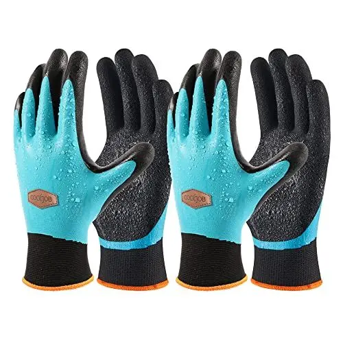 Produktbild: COOLJOB Wasserdichte Gartenhandschuhe, Double Latex beschichtet Arbeitshandschuhe für Garten Hof im Freien arbeiten, Schwarz & Blau (2 Paare M)