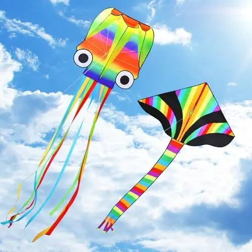 Produktbild: COOLJOY Drachen 2 Pack Kites Regenbogen-Delta Lenkdrachen und Roter Lenkdrachen Kinder, Drachen für Kinder ab 3 Jahren und Erwachsene, Strand