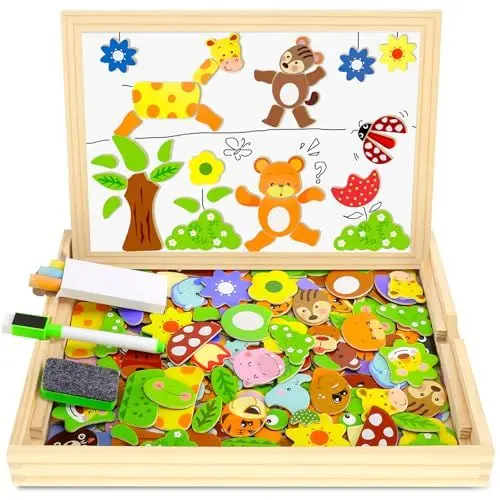 Produktbild: COOLJOY Holzpuzzle Magnetisches Tafel Holzbrett Doodle 100 Stücke Rahmenpuzzles für ab 3 4 Jahre Kinder Jungen und Mädchen Wald and Tier