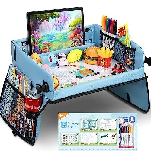 Produktbild: COOLJOY Kinder Knietablett Reisetisch mit 5 Bilder+6 Pinsel - Zeichnung auf Waschbar Malbrett, Multifunktional Spielzeug, Tragbar Tablett, Einstellbar Kindersitz, Blau Autositz für Kinder