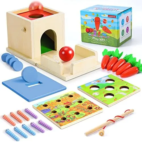 Produktbild: COOLJOY Montessori Spielzeug ab 2 Jahre Holzspielzeug 4 in 1 Montessori-Münzbox, Ball Drop, Wurmspielzeug Fangen, Karottenernte Lernspielzeug Geschenk für Kinder ab 2 3 4 Jahre