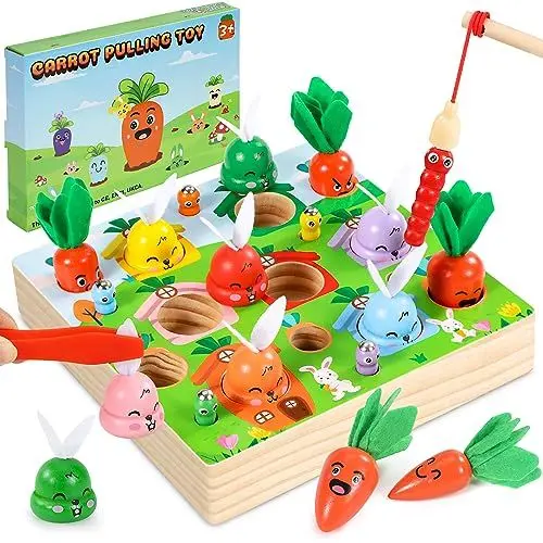 Produktbild: COOLJOYA 2023 Baby Kinder Montessori Spielzeug ab 1 Jahr | Holzspielzeug Kinderspielzeug Magnetspiel Motorikspielzeug ab 1 2 3 Jahre | Karottenernte Angelspiel Spielzeug