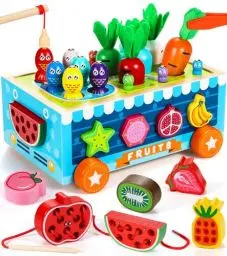 Produktbild: COOLJOYA Montessori Angelspielzeug ab 1 Jahr | Holzspielzeug Fädelspielzeug ab 2 Jahre | Karotten ernten Sortier Stapelspielzeug | Motorikspielzeug ab 2 3 4 Jahre altes Mädchen Jungen Geschenk