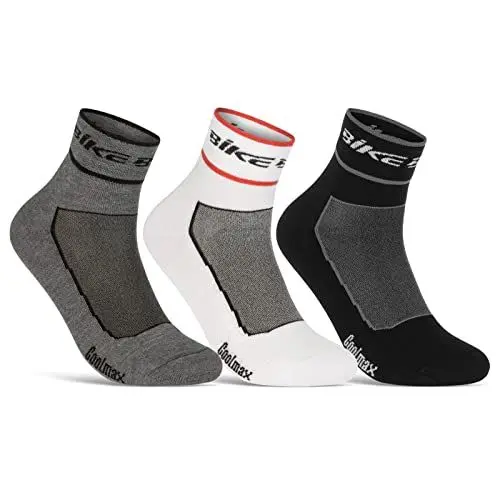 Produktbild: Coolmax Fahrrad-Socken für Herren & Damen (3 Paar) Atmungsaktive Quarter Radsport Socken 50302P WP (Grau Weiß Schwarz 43-46)