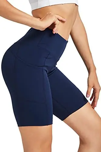 Produktbild: COOLOMG Damen Kurze Laufhose Yoga Shorts mit Taschen Radlerhose Sporthose Gym Fitness Workout Marineblau L