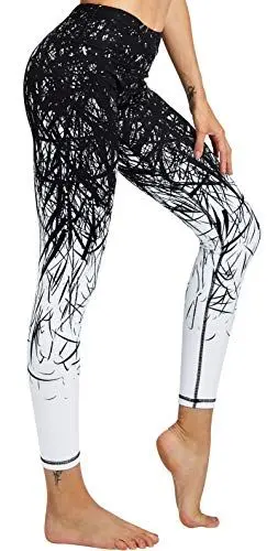 Produktbild: COOLOMG Damen Sport Leggings Laufhose mit Taschen Yogahose Kompressionshose Gemustert Zweig_schwarz M