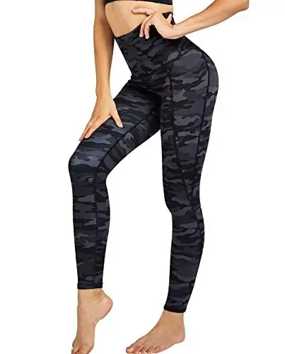 Produktbild: COOLOMG Damen Yoga Leggings Sporthose Laufhose Fitnesshose Gemustert Blickdicht mit Taschen Camo-schwarz L