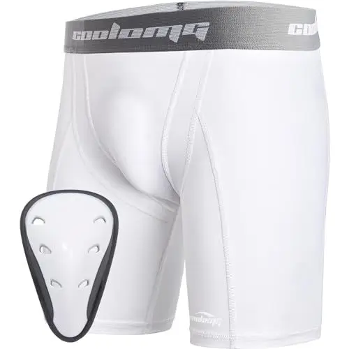 Produktbild: COOLOMG Herren Tiefschutz Suspensorium Kompressionshose Unterwäsche mit Cup für Kampfsport Handball Football Taekwondo weiß M