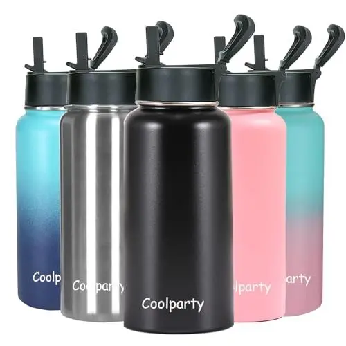 Produktbild: Coolparty Edelstahl-Wasserflasche mit Strohhalm 1L isolierte Wasserflaschen 32oz heißes kaltes Thermalwasser Kolben Doppelwandige Metall-Wasserflasche 1 Liter für Sport Camping
