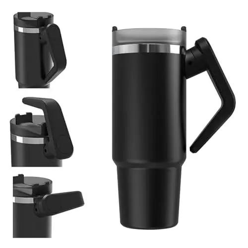 Produktbild: Cooltto Thermobecher Doppelwandiger Edelstahl Vakuum Isolierbecher Kaffeebecher to go aus Edelstahl mit drehbarem Griff Tragbarer Auto-Auslaufsicher Outdoor und Reisebecher -Schwarz 30oz