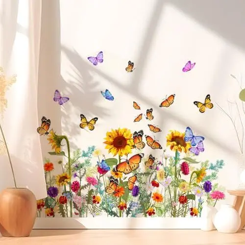 Produktbild: Cooltto Wandaufkleber Selbstklebend Wand Stickers Wandtattoo Wanddeko Wohnzimmer Aufkleber Groß Modern Wandsticker Dekoration für Badezimmer Schlafzimmer Küche Büro – Sonnenblume Schmetterlinge
