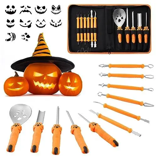 Produktbild: COOLUCK Kürbis Schnitzset mit Vorlagen, 11 Stück Halloween Kürbis Schnitzwerkzeug Carving Set mit Tragetasche und 10 Stück Schnitzvorlagen, Kürbis Schnitzmesser für Kinder & Erwachsene