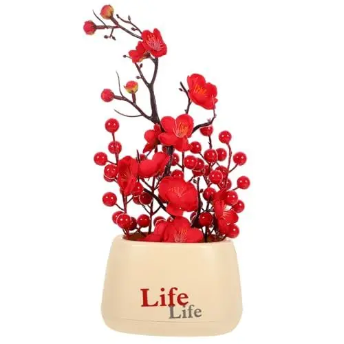 Produktbild: COOPHYA Mini-Bonsai-Baum Weihnachtsbeerenstängel Weihnachtstopfpflanzen Glücksbaumblüte Topfpflanze Mit Roten Beeren Bonsai-Baum Aus Kunststoff Realistischer Wintersüß Pflaumenbaum Plastik