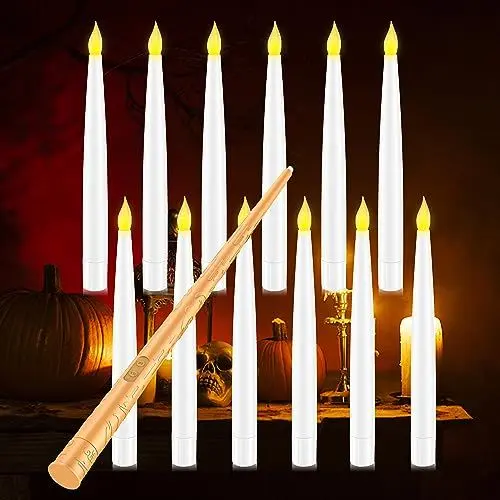Produktbild: Coovee Flammenlose LED Kerze mit Zauberstab Fernbedienung, 12 Stück Schwimmende LED Kerzen, Batteriebetriebene Kerze, Warmes Licht Flackernde Kegelkerze für halloween Hochzeit Party Dekoration