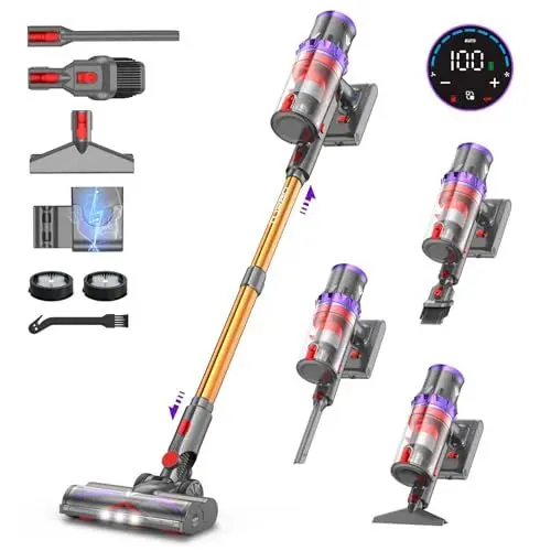 Produktbild: coovy SU7 Akku Staubsauger 580W, 45000Pa Staubsauger Kabellos Bis zu 70 Minuten Laufzeit, Akkustaubsaguer mit Supergroßer Display, Automatikmodus Akkusauger für Teppich Tierhaare Hartböden