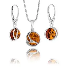 Produktbild: Copal Damen Bernstein-Schmuckset aus 925er Silber - Mehrfarbig - Verstellbare Schlangenkette 45-50cm mit Kugel-Anhänger & Ohrringen - Geschenk für Beste Freundin - Umweltfreundliche Verpackung