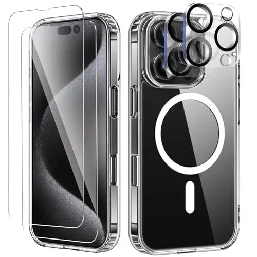 Produktbild: COPIKE Magnetisch für iPhone 16 Pro Hülle mit 2 Stück Schutzfolie und 2 Kameraschutz, Rundumschut Handyhülle iPhone 16 Pro Magnet Dünn Stoßfest Transparent Nie Vergilbung Case, Durchsichtig