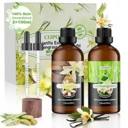 Produktbild: COPOWER Ätherische Öle, 2x100ml Ätherische Öle für Diffuser - Zitronengrasöl, Ätherische Öle Vanille, 100% Unverdünnte Reine Natürliche Duftöl Lemongrass Oi GeschenkSet für Hautpflege,Duftlampe,Kerze