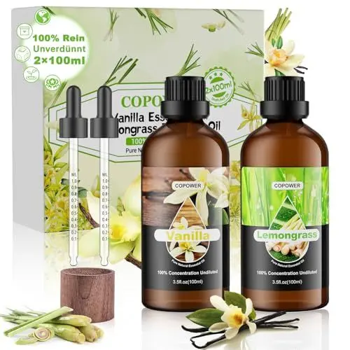 Produktbild: COPOWER Ätherische Öle, 2x100ml Ätherische Öle für Diffuser - Zitronengrasöl, Ätherische Öle Vanille, 100% Unverdünnte Reine Natürliche Duftöl Lemongrass Oi GeschenkSet für Hautpflege,Duftlampe,Kerze