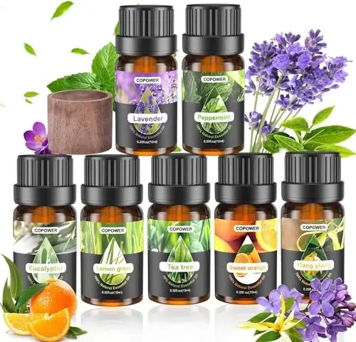 Produktbild: COPOWER Ätherische Öle Set 7 x10mL, Aroma Diffuser Öle, Duftöl für Humidifier, Diffuser, Massage - Lavendel, Eukalyptus, Pfefferminz,Süßorangen, Zitronengras, Teebaum, Ylang-Ylang...