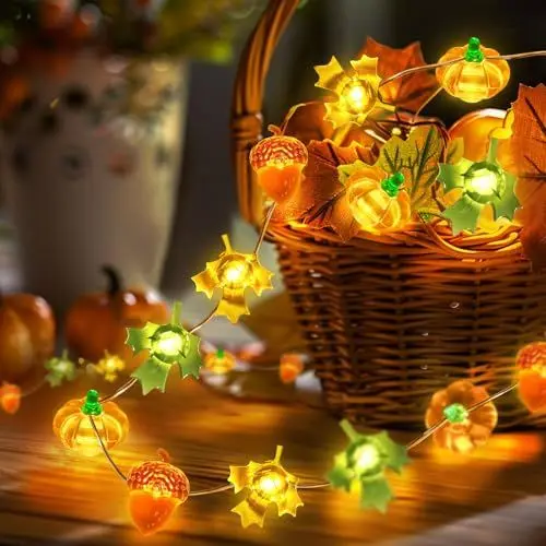 Produktbild: Coquimbo Herbst Dekoration LED Lichterkette, 3M 30LED Kürbis Ahornblatt Eichel Lichterkette Innen und Außen, Batteriebetrie Herbst Dekoration für Erntedankfest Halloween Party