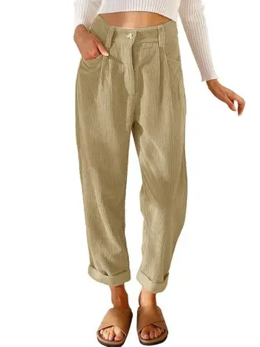 Produktbild: Cordhose Damen Casual High Waist Tapered Hose Baumwoll Gerades Bein Hosen Einfarbig Freizeithosen mit Taschen (Khaki, XXL)