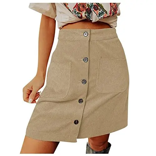 Produktbild: Cordrock Damen Knielang Beige Röcke Damen Elegant Damenrock Winter Knielang Rock Damen A Linie Sommerröcke Damen Sommerrock Damen Midi Lange Rocken Damen Kleid Damen Party Khaki L