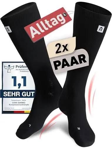 Produktbild: CORE GORIMO - 2 Paar - Kompressionsstrümpfe Herren & Damen - Atmungsaktiv - Stützstrümpfe & Kompressionssocken für stehende Berufe, Flug und Sport (43-46, Schwarz)