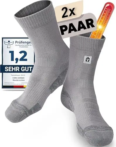 Produktbild: CORE GORIMO – 2 Paar – Merino Wandersocken Damen & Herren - mit Anti-Blasen Schutz - Wandersocken Herren & Damen zum Wandern, Hiking und Trekking (43-46, Grau)