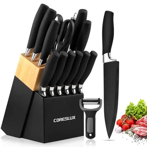 Produktbild: CORESLUX Messerblock mit Messer Set, 15-teiliges Messerset mit Holzblock, Edelstahl küchenmesser Set mit Kochmesser, Antihaftbeschichtung, Ergonomischen-Griff, Brotmesser, Wetzstab Und Schere, Schwarz