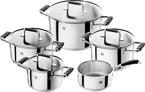 Produktbild: CORNELIA POLETTO by ZWILLING Kochtopfset 5-teilig, induktionsgeeignet, Edelstahl, Mit Glasdeckel, Mit Silkongriffen, Silber